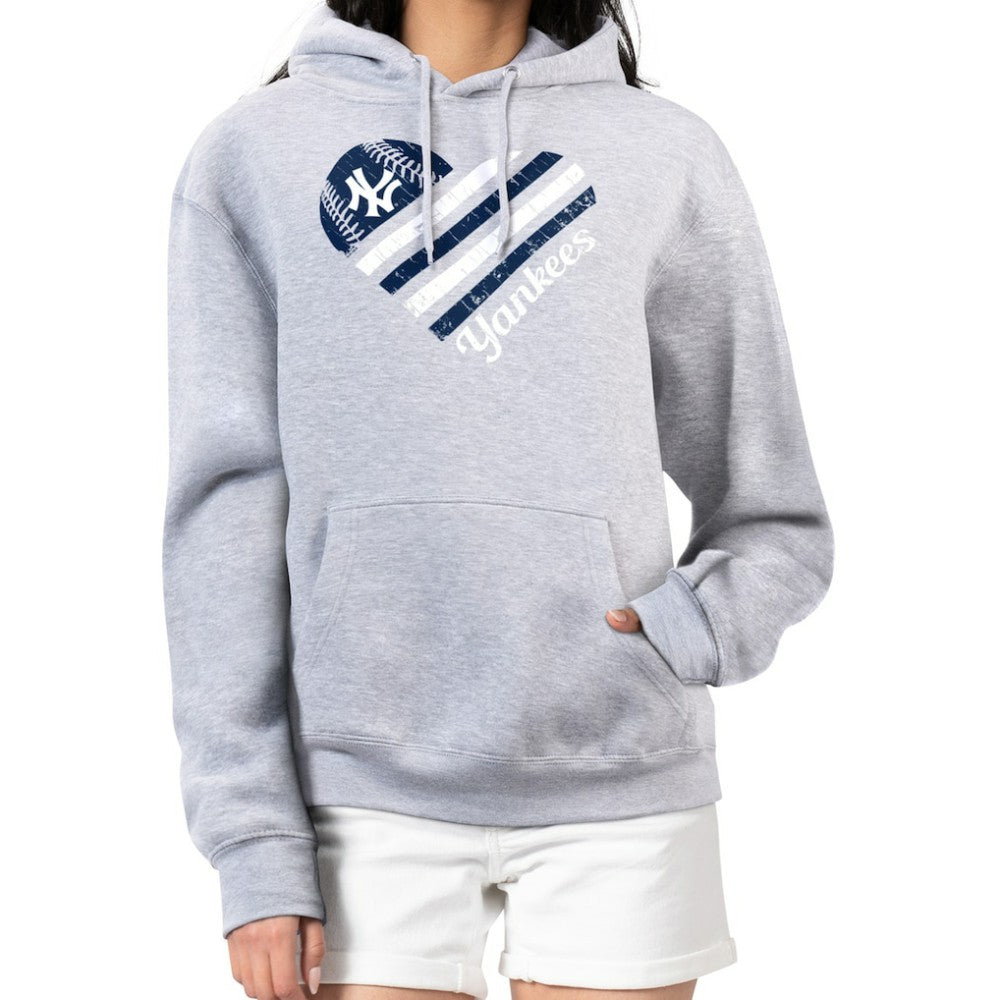 New York Yankees G-III 4Her by Carl Banks Women's Heart Fleece Pullover Hoodie - Heather Gray - MLB on Sale