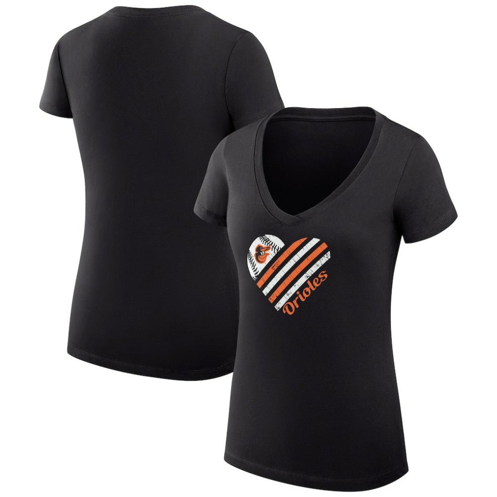 Baltimore Orioles G-III 4Her by Carl Banks Women's Super-Slim Fit Lightweight Heart V-Neck T-Shirt - Black - MLB Sale