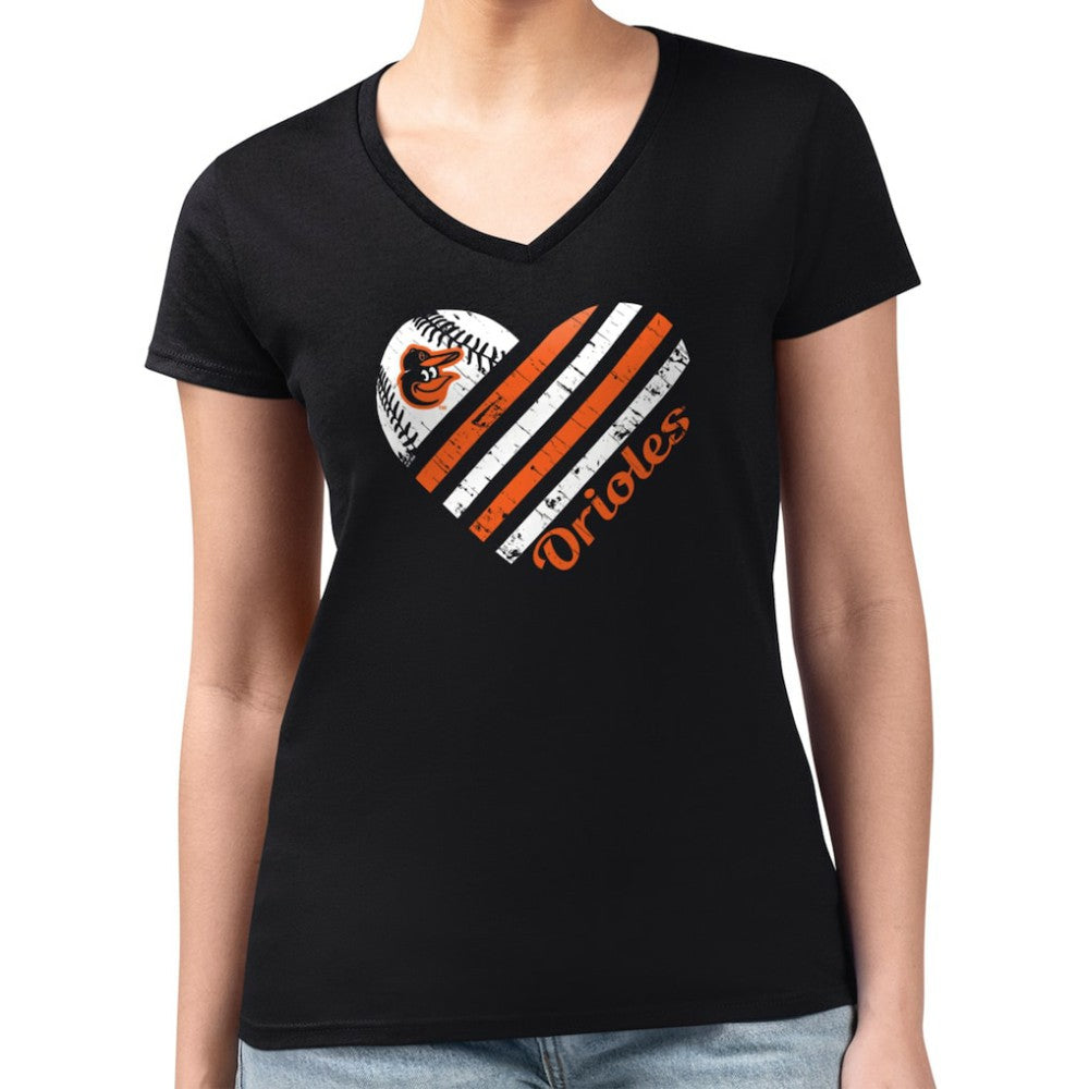 Baltimore Orioles G-III 4Her by Carl Banks Women's Super-Slim Fit Lightweight Heart V-Neck T-Shirt - Black - MLB Sale
