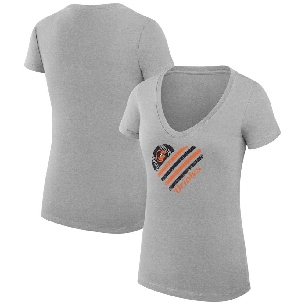 Baltimore Orioles G-III 4Her by Carl Banks Women's Super-Slim Fit Lightweight Heart V-Neck T-Shirt - Heather Gray - MLB on Sale
