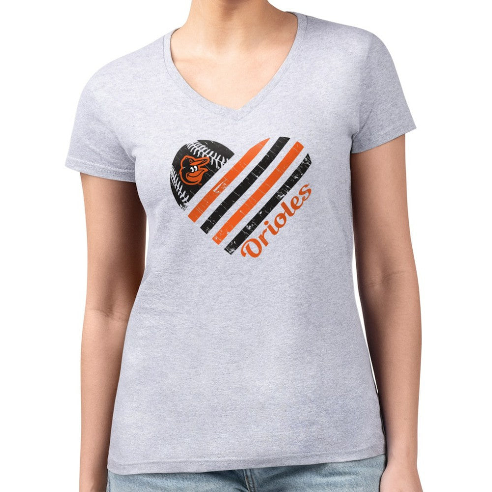 Baltimore Orioles G-III 4Her by Carl Banks Women's Super-Slim Fit Lightweight Heart V-Neck T-Shirt - Heather Gray - MLB on Sale