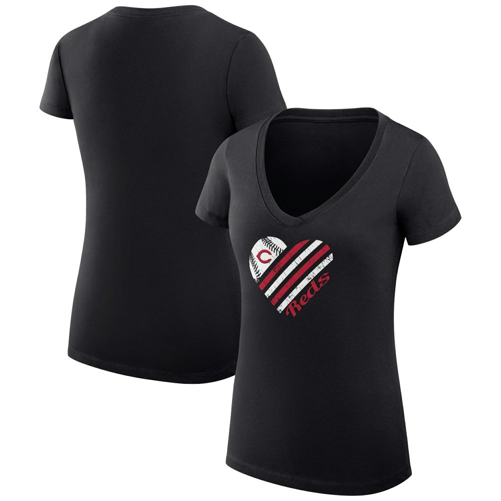 Cincinnati Reds G-III 4Her by Carl Banks Women's Super-Slim Fit Lightweight Heart V-Neck T-Shirt - Black - MLB Sale