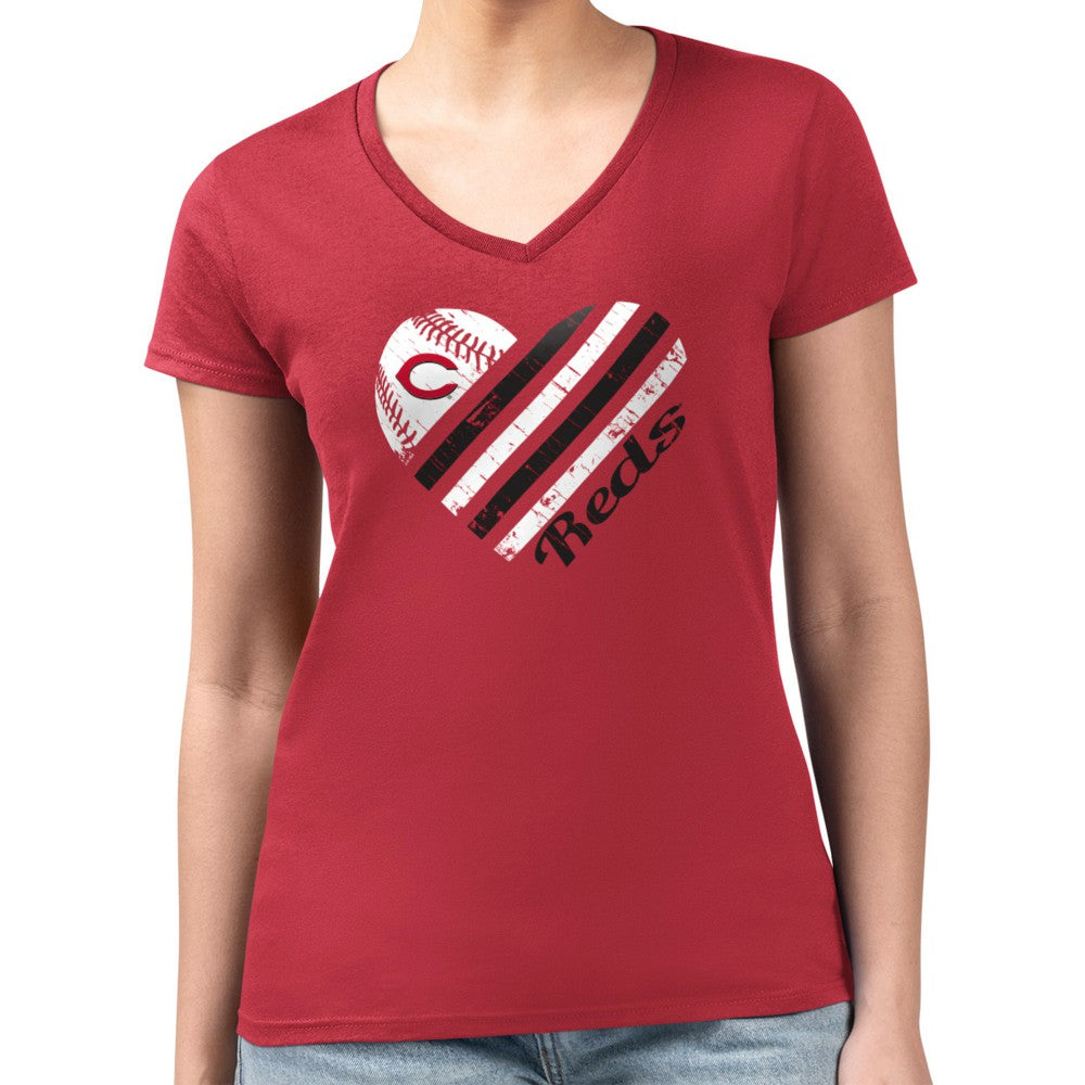 Cincinnati Reds G-III 4Her by Carl Banks Women's Super-Slim Fit Lightweight Heart V-Neck T-Shirt - Red - MLB Online