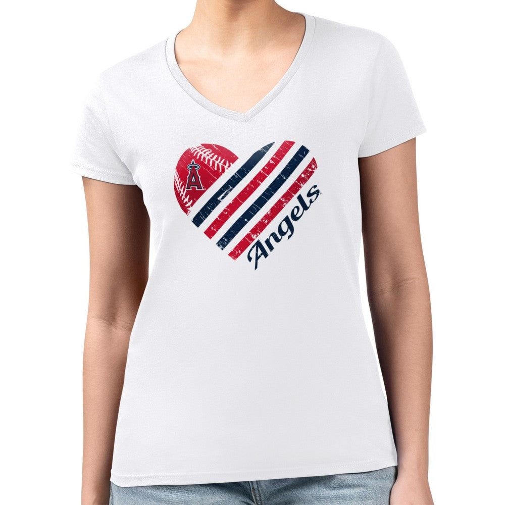 Los Angeles Angels G-III 4Her by Carl Banks Women's Super-Slim Fit Lightweight Heart V-Neck T-Shirt - White - MLB Lifestyle