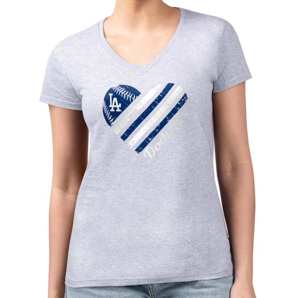 Los Angeles Dodgers G-III 4Her by Carl Banks Women's Super-Slim Fit Lightweight Heart V-Neck T-Shirt - Heather Gray - MLB Lifestyle