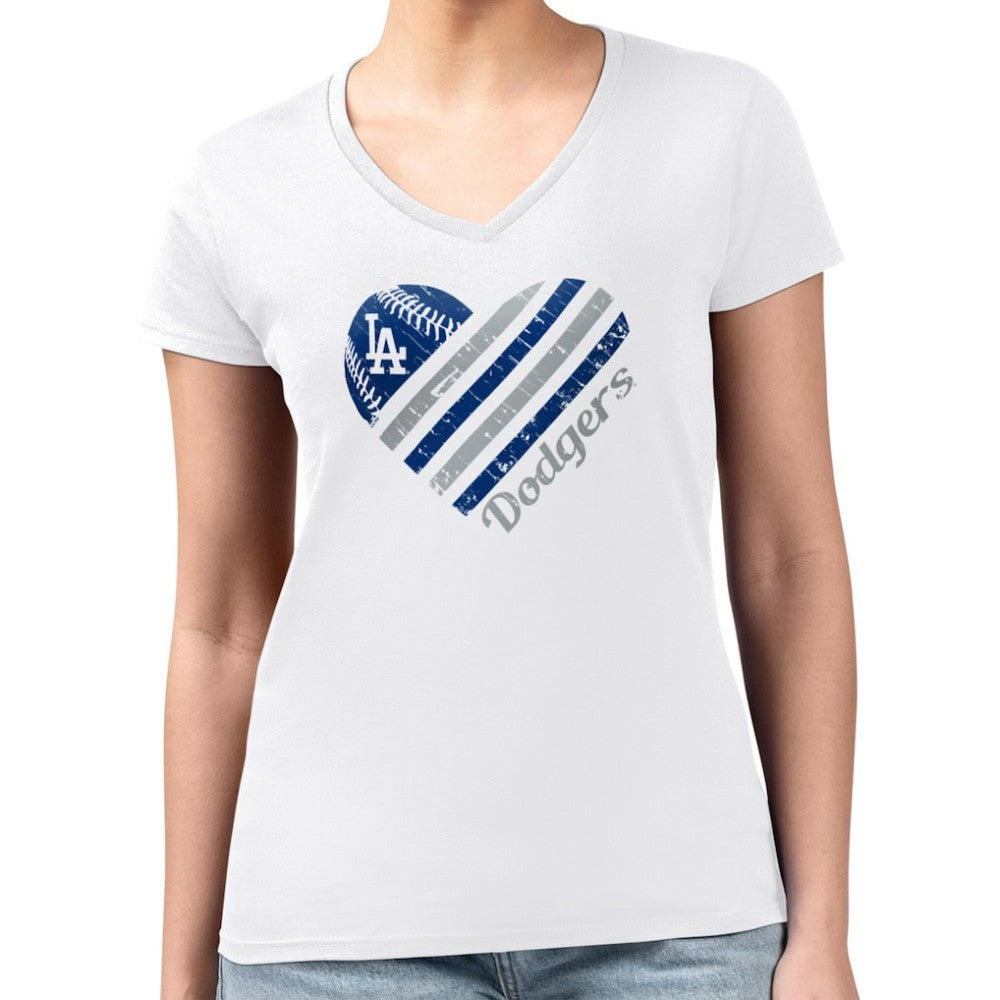 Los Angeles Dodgers G-III 4Her by Carl Banks Women's Super-Slim Fit Lightweight Heart V-Neck T-Shirt - White - MLB Sale