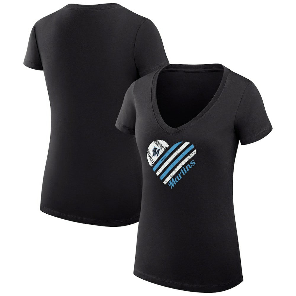 Miami Marlins G-III 4Her by Carl Banks Women's Super-Slim Fit Lightweight Heart V-Neck T-Shirt - Black - MLB on Sale