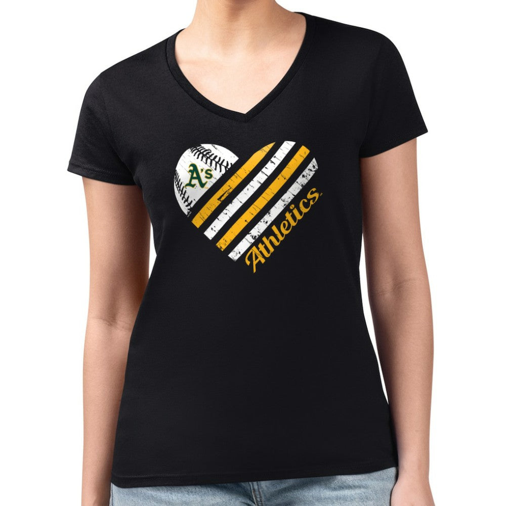 Athletics G-III 4Her by Carl Banks Women's Super-Slim Fit Lightweight Heart V-Neck T-Shirt - Black - MLB on Sale