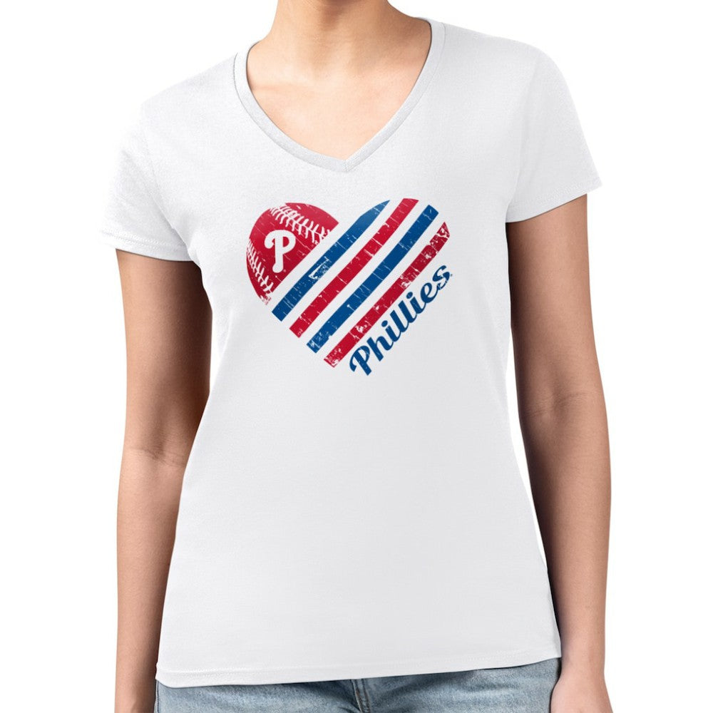 Philadelphia Phillies G-III 4Her by Carl Banks Women's Super-Slim Fit Lightweight Heart V-Neck T-Shirt - White - MLB Lifestyle