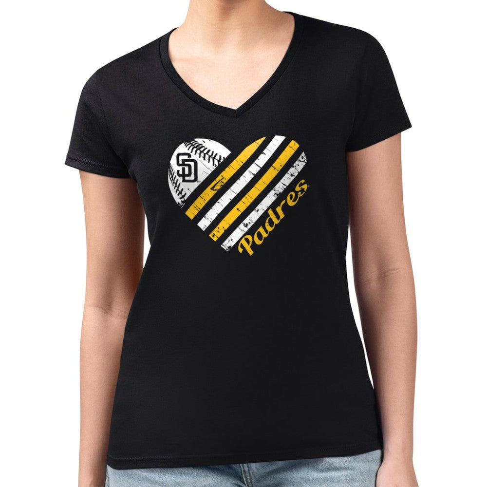 San Diego Padres G-III 4Her by Carl Banks Women's Super-Slim Fit Lightweight Heart V-Neck T-Shirt - Black - MLB Sale