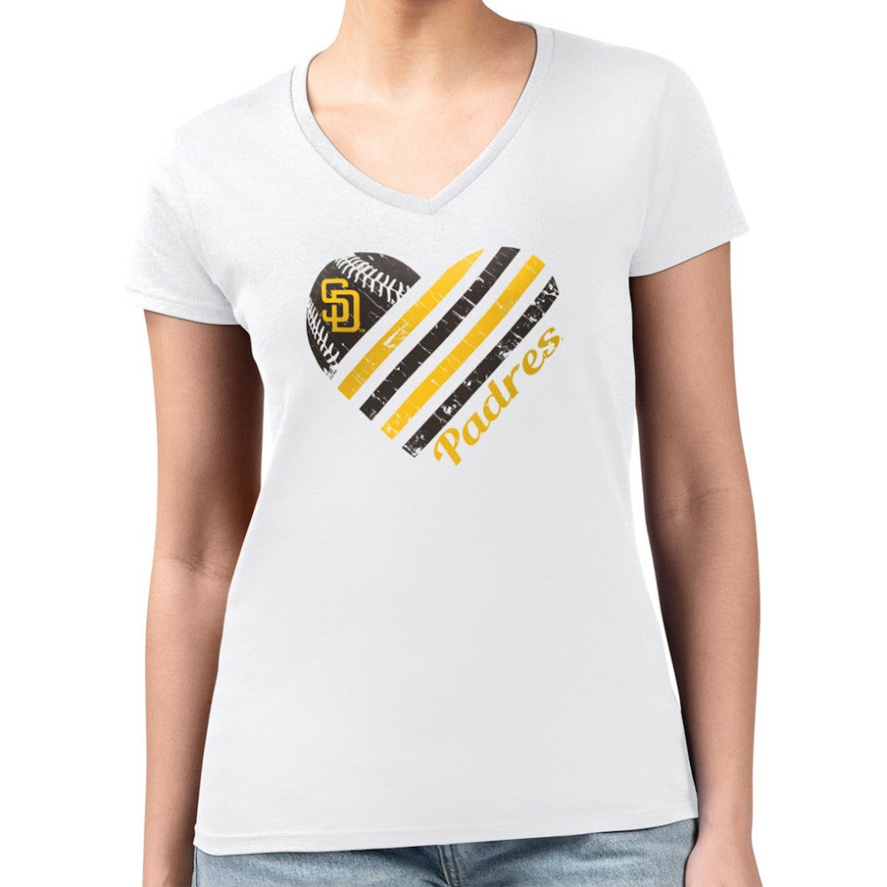 San Diego Padres G-III 4Her by Carl Banks Women's Super-Slim Fit Lightweight Heart V-Neck T-Shirt - White - MLB on Sale