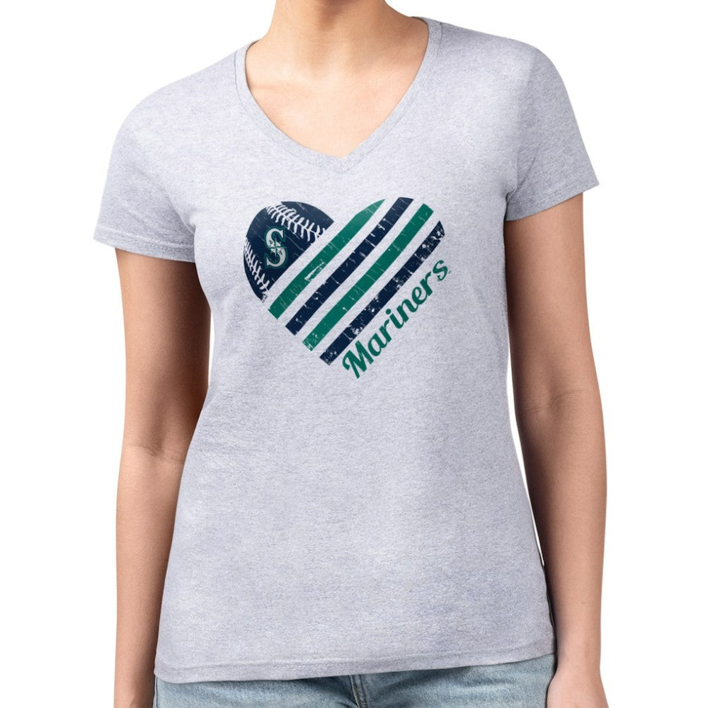 Seattle Mariners G-III 4Her by Carl Banks Women's Super-Slim Fit Lightweight Heart V-Neck T-Shirt - Heather Gray - MLB Sale