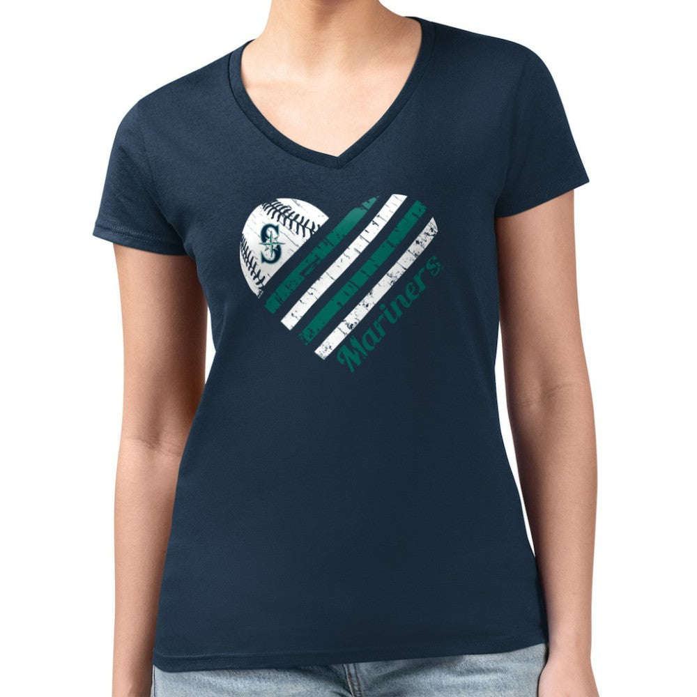 Seattle Mariners G-III 4Her by Carl Banks Women's Super-Slim Fit Lightweight Heart V-Neck T-Shirt - Navy - MLB Discount