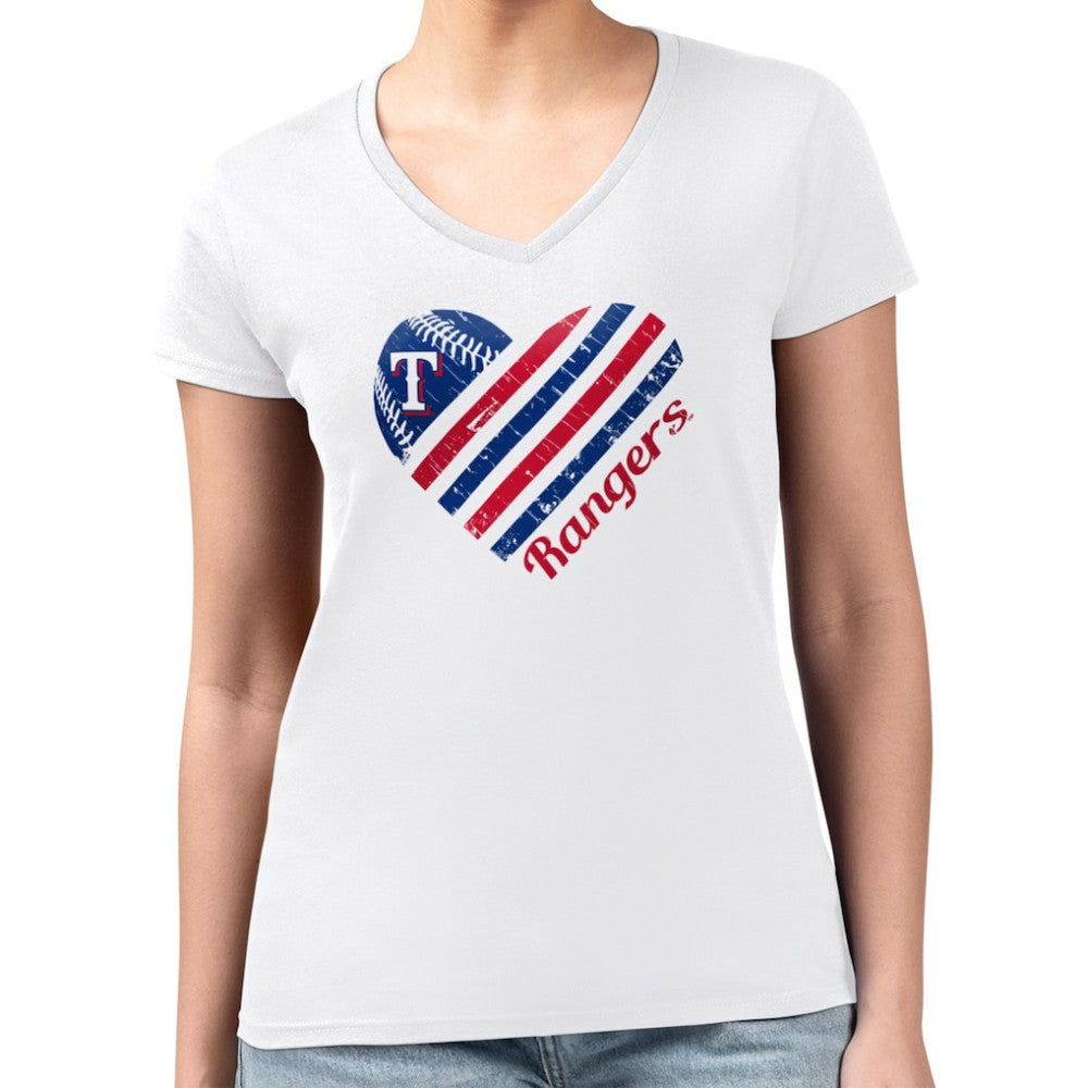 Texas Rangers G-III 4Her by Carl Banks Women's Super-Slim Fit Lightweight Heart V-Neck T-Shirt - White - MLB Sale