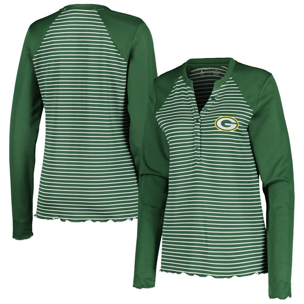 Green Bay Packers Antigua Women's Maverick Waffle Henley Long Sleeve T-Shirt Green
