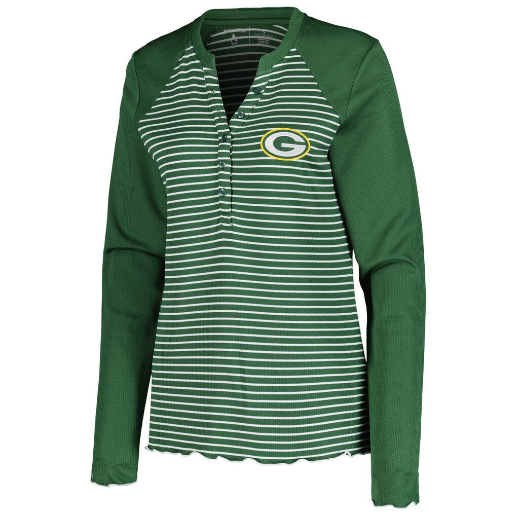 Green Bay Packers Antigua Women's Maverick Waffle Henley Long Sleeve T-Shirt Green