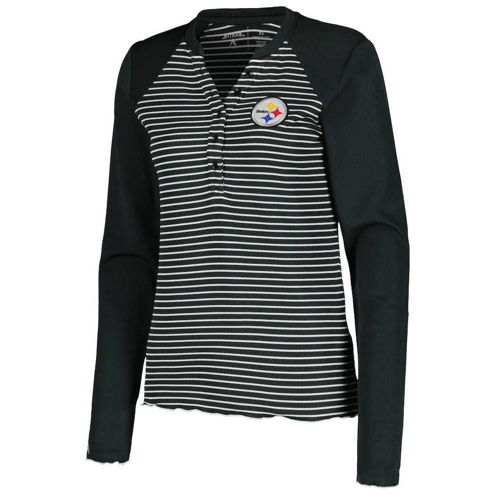 Pittsburgh Steelers Antigua Women's Maverick Waffle Henley Long Sleeve T-Shirt Black