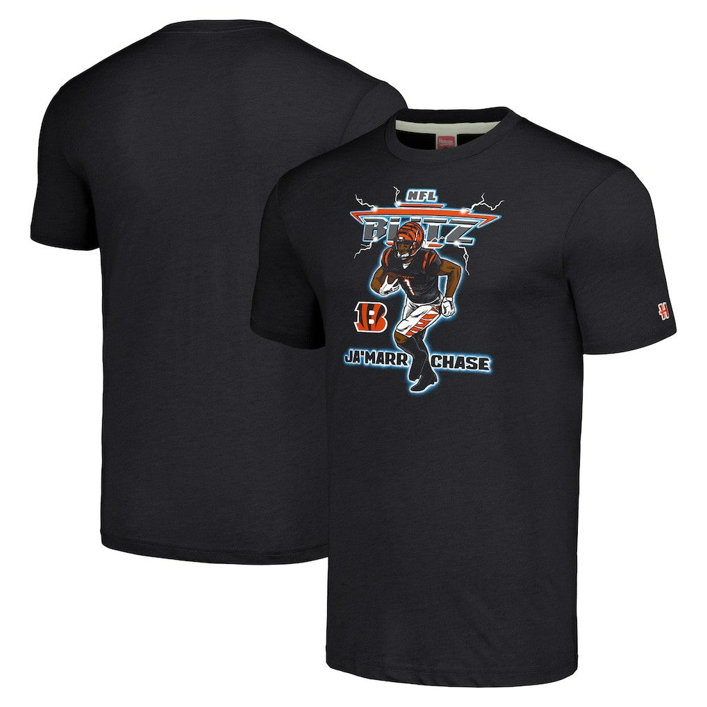 Ja'Marr Chase Cincinnati Bengals Homage Unisex NFL Blitz Player Tri-Blend T-Shirt Heathered Charcoal