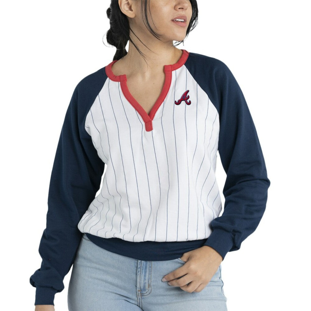 Atlanta Braves Lusso Women's Mack Fleece V-Neck Pullover Top - White/Navy - MLB on Sale