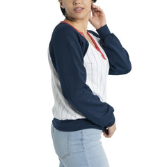 Atlanta Braves Lusso Women's Mack Fleece V-Neck Pullover Top - White/Navy - MLB on Sale