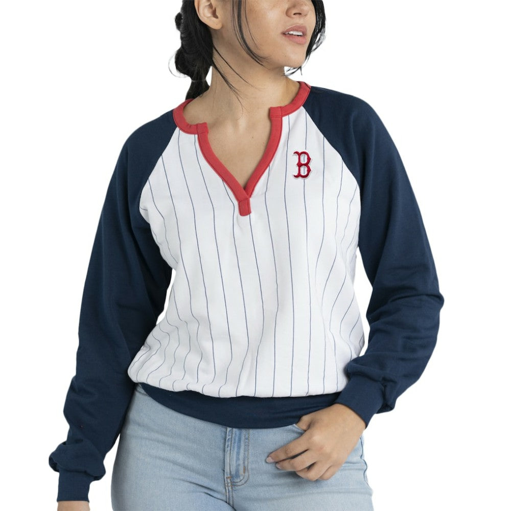 Boston Red Sox Lusso Women's Mack Fleece V-Neck Pullover Top - White/Navy - MLB Lifestyle