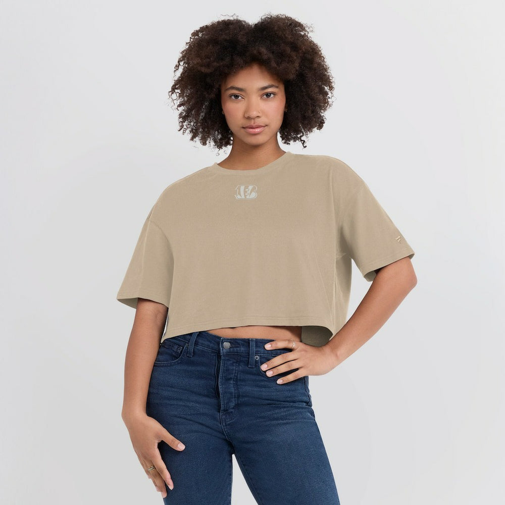 Fanatics Cincinnati Bengals Women's Elements Super Soft Boxy Cropped T-Shirt Khaki