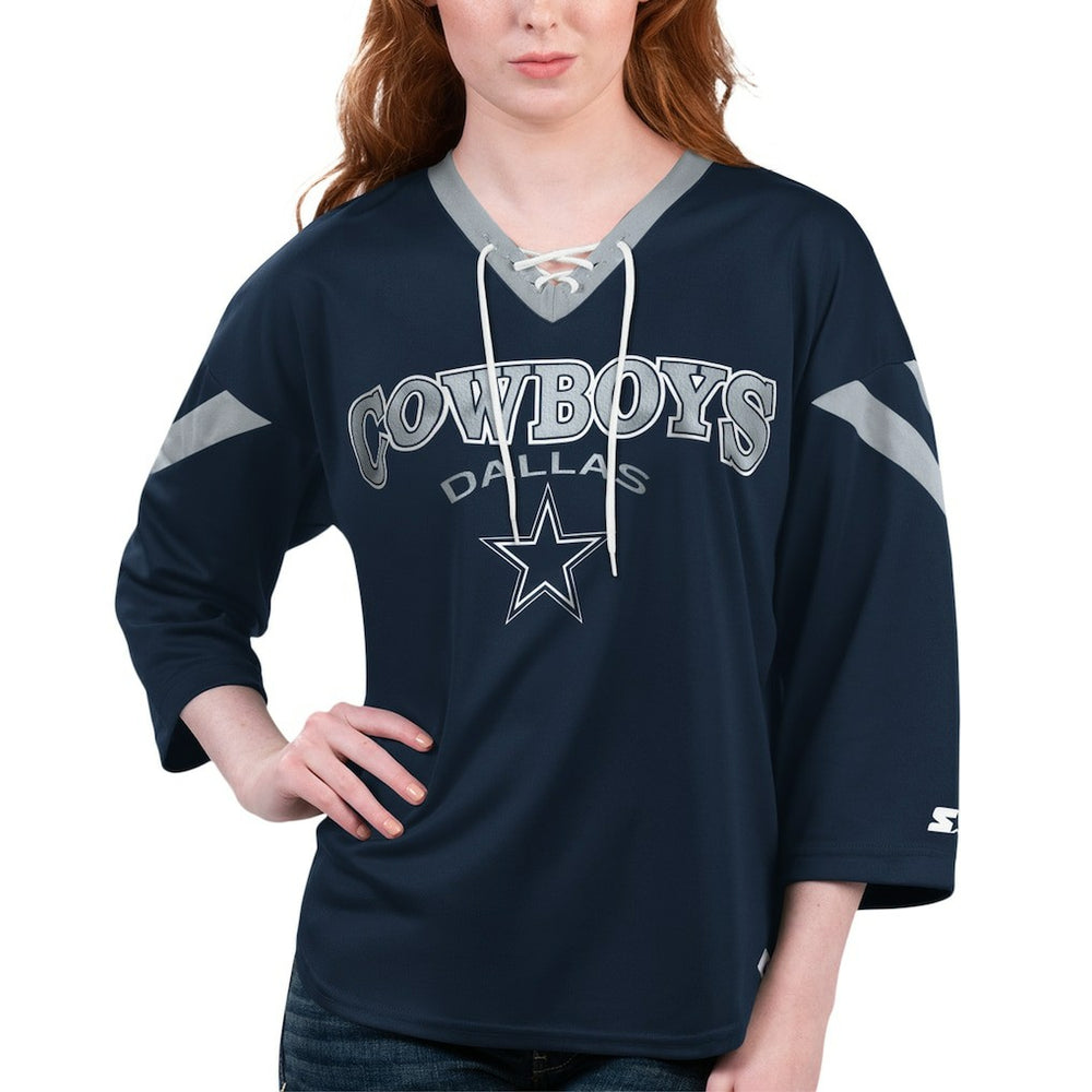 Dallas Cowboys Starter Women's Rally Lace-Up 3/4-Sleeve T-Shirt Navy