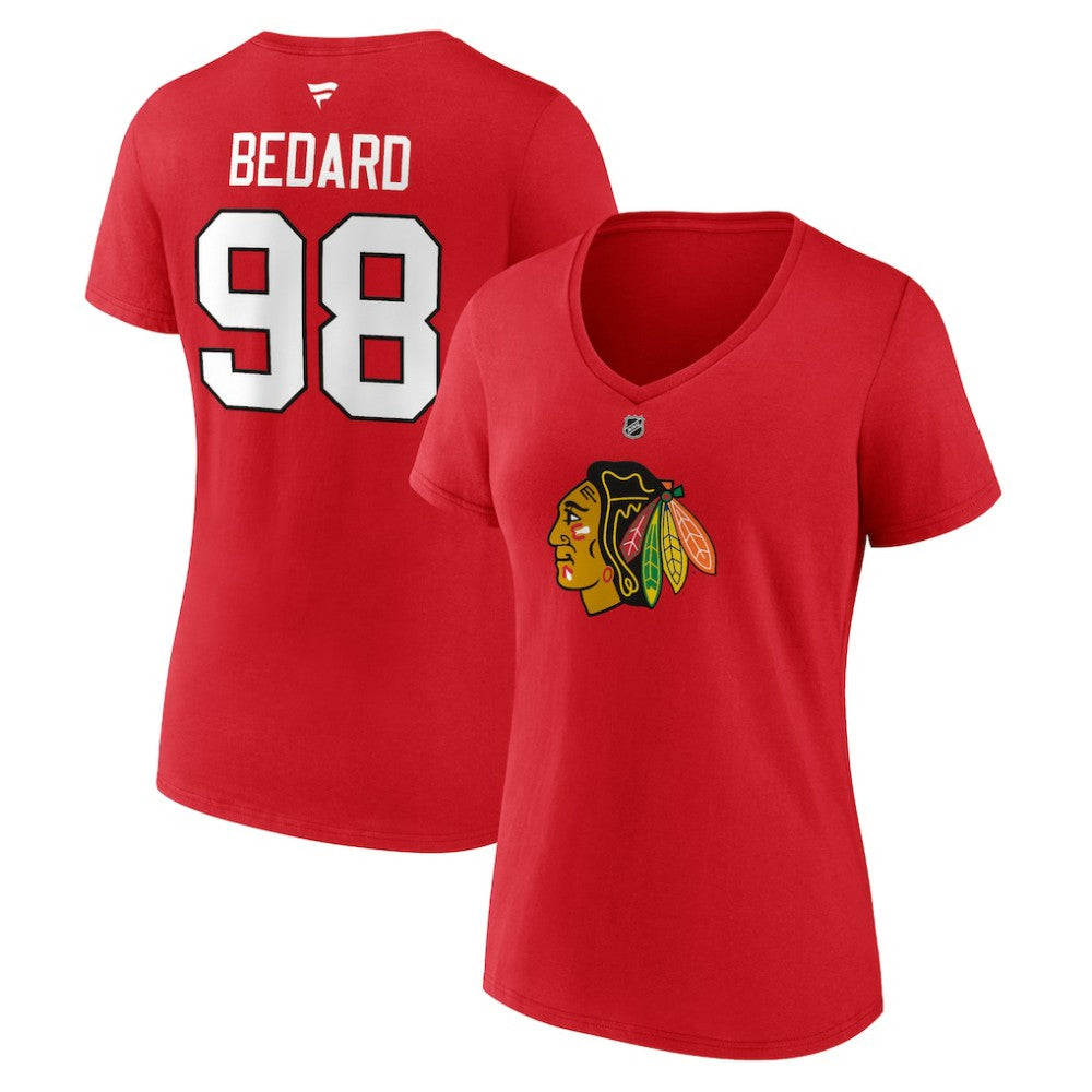 Connor Bedard Chicago Blackhawks Fanatics Women's Authentic Stack Name & Number V-Neck T-Shirt - Red - NHL 200351760