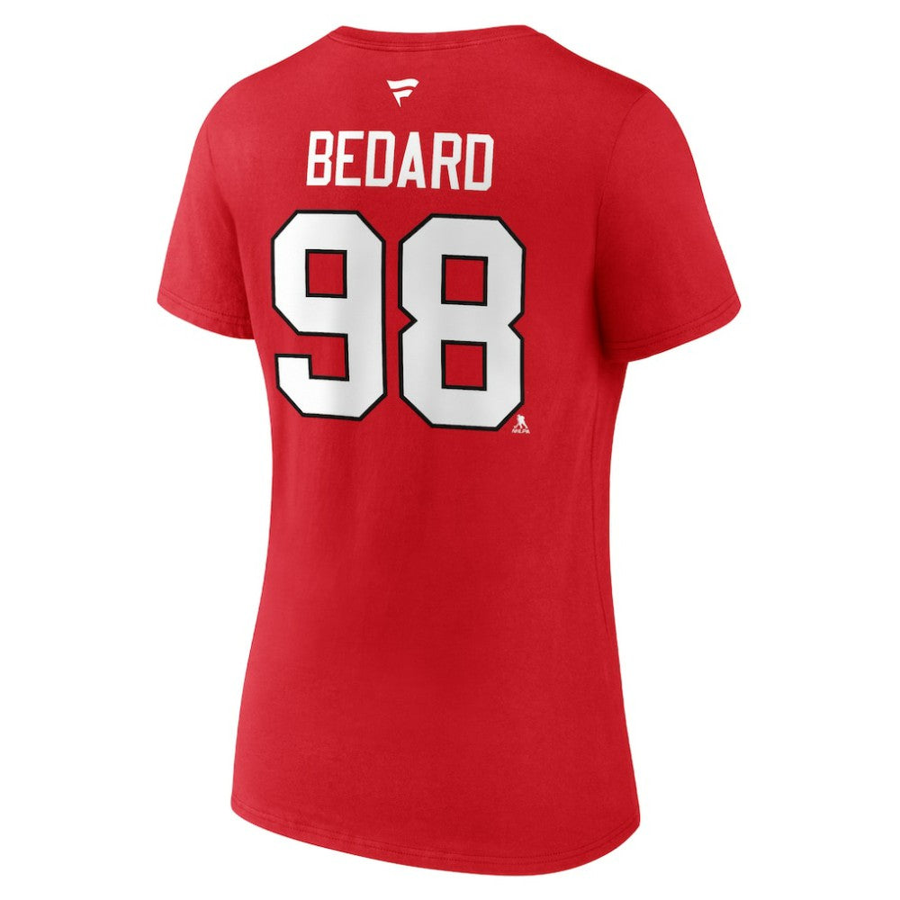 Connor Bedard Chicago Blackhawks Fanatics Women's Authentic Stack Name & Number V-Neck T-Shirt - Red - NHL 200351760