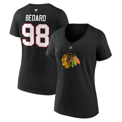 Connor Bedard Chicago Blackhawks Fanatics Women's Authentic Stack Name & Number V-Neck T-Shirt - Black - NHL 200351761