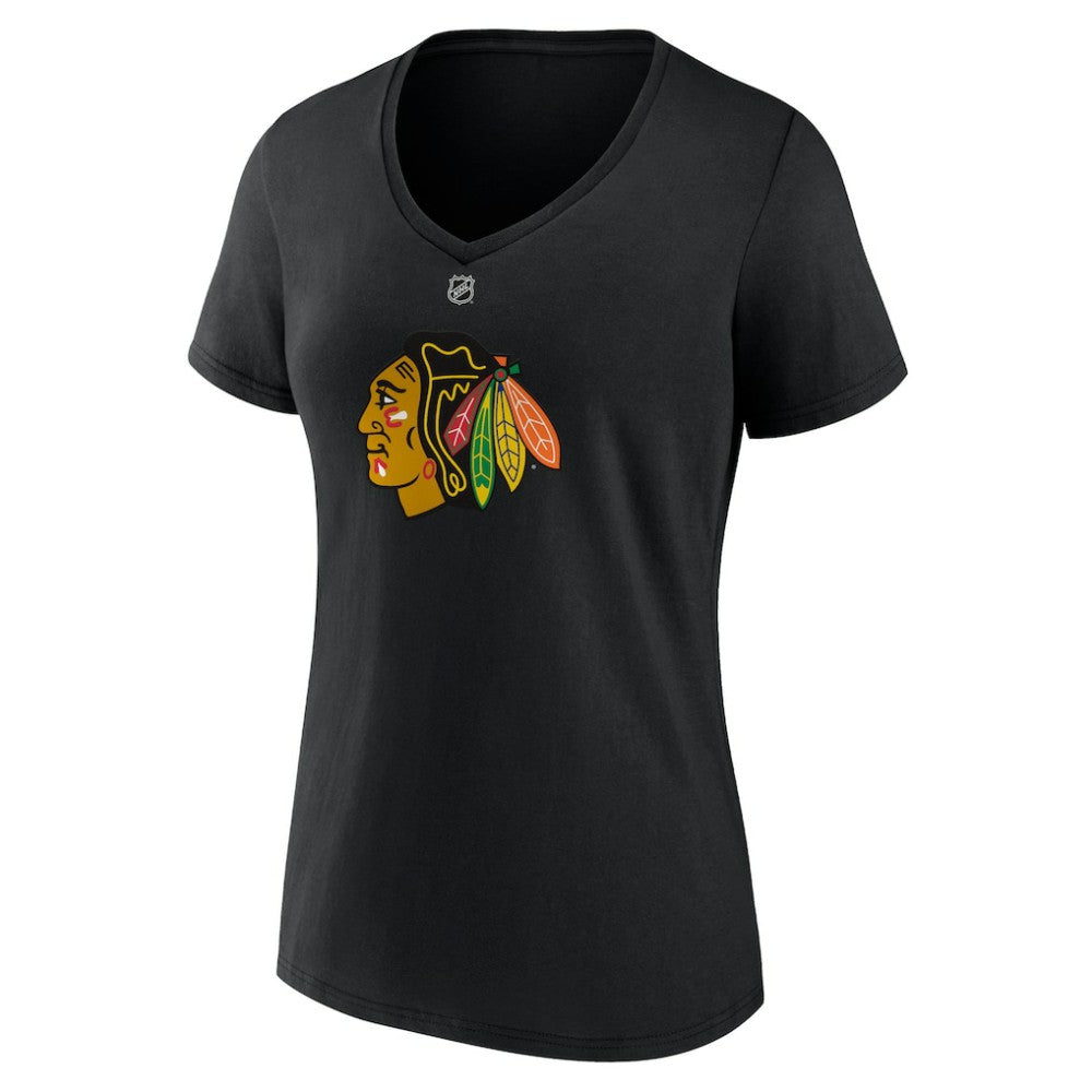 Connor Bedard Chicago Blackhawks Fanatics Women's Authentic Stack Name & Number V-Neck T-Shirt - Black - NHL 200351761