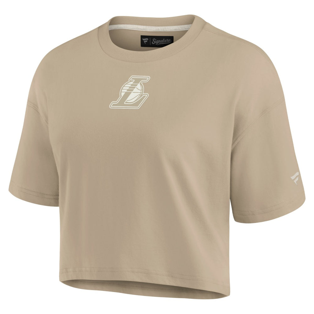 Los Angeles Lakers Women's Elements Super Soft Boxy Cropped T-Shirt Khaki | Fanatics for sale