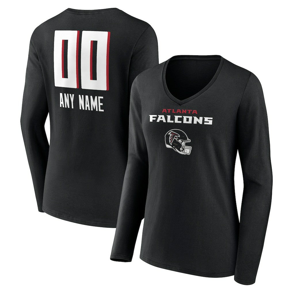Atlanta Falcons Women's Personalized Name & Number Team Wordmark Long Sleeve V-Neck T-Shirt Black