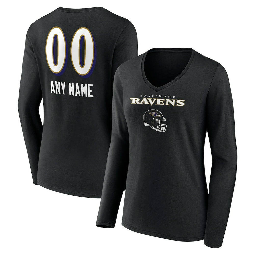 Baltimore Ravens Women's Personalized Name & Number Team Wordmark Long Sleeve V-Neck T-Shirt Black