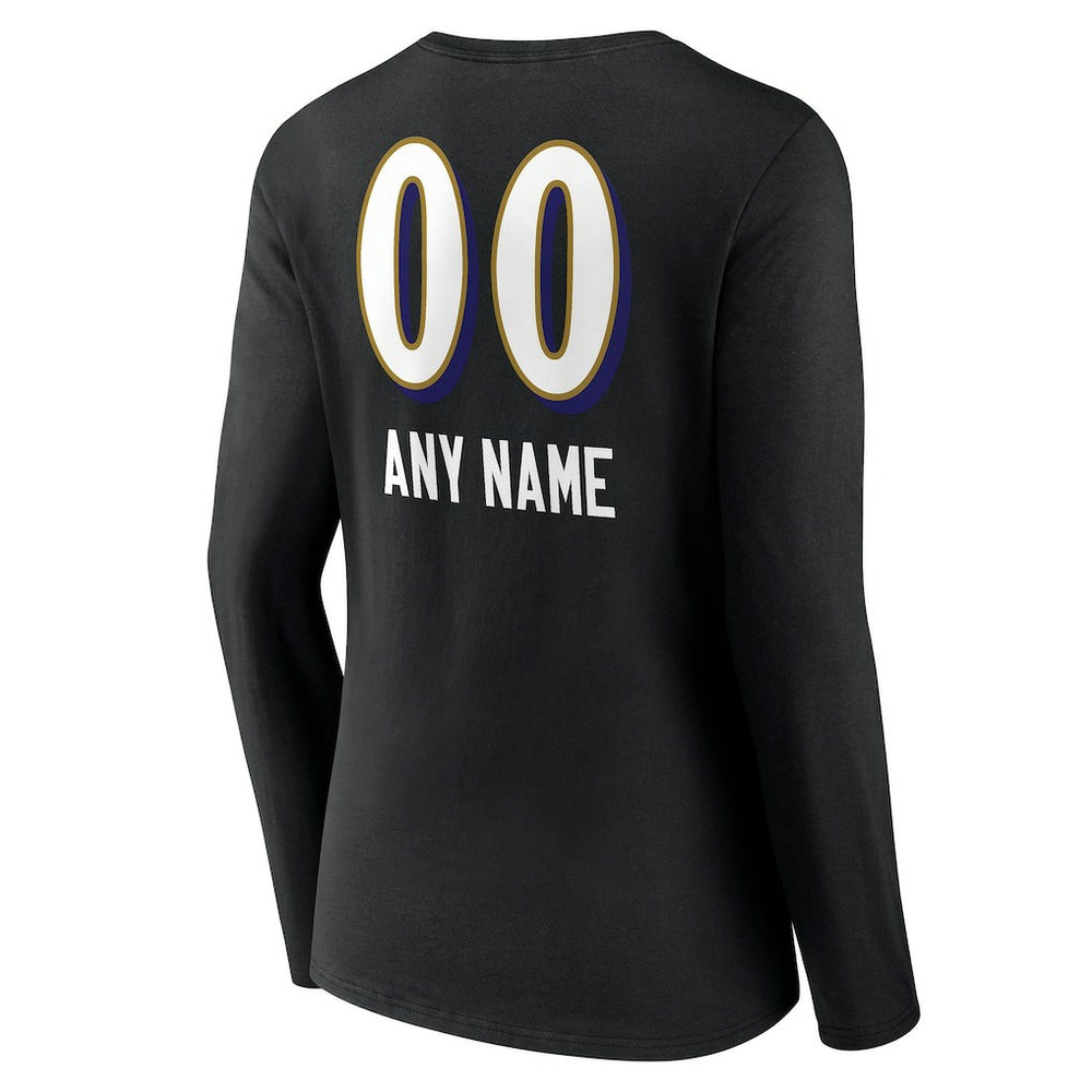 Baltimore Ravens Women's Personalized Name & Number Team Wordmark Long Sleeve V-Neck T-Shirt Black