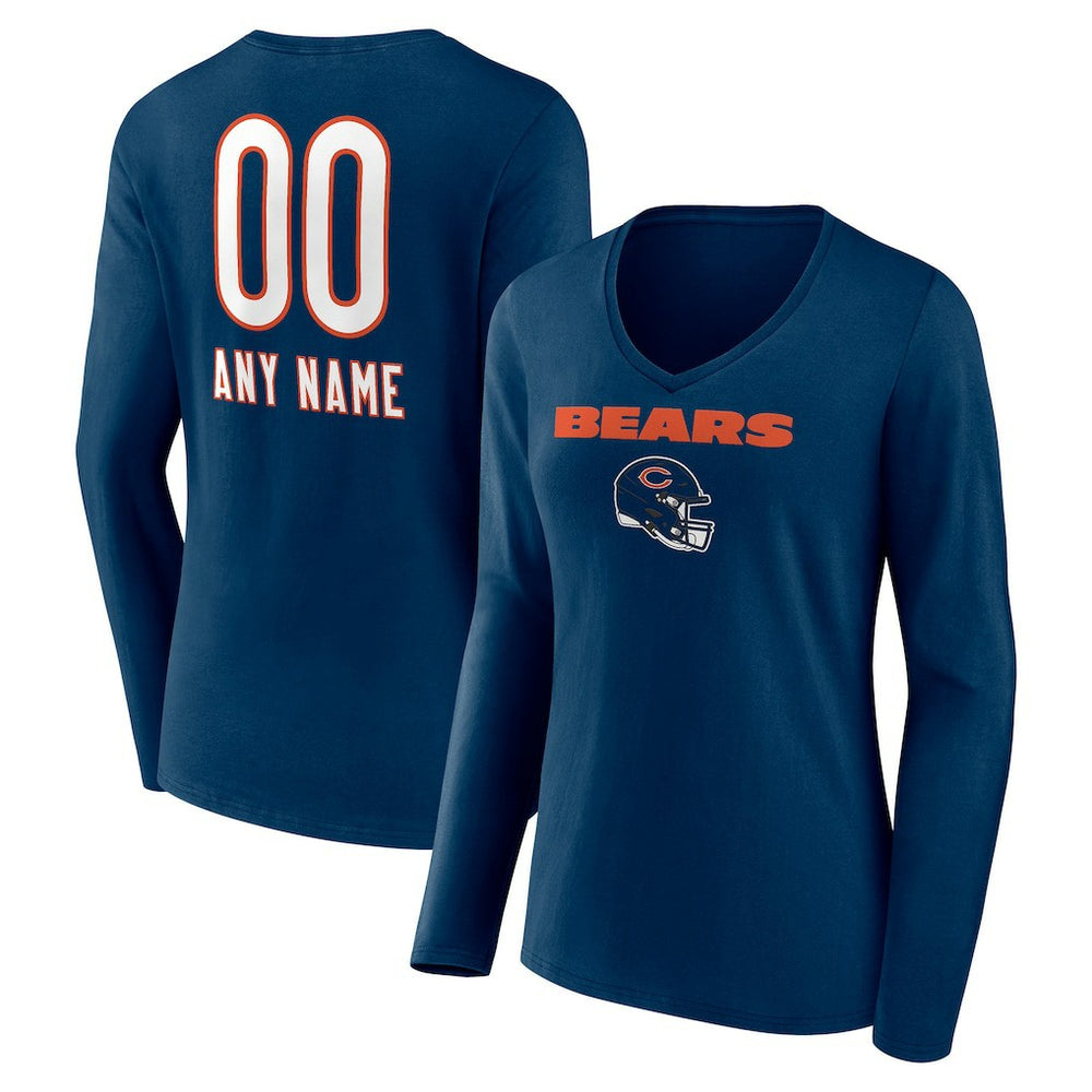 Chicago Bears Women's Personalized Name & Number Team Wordmark Long Sleeve V-Neck T-Shirt Navy
