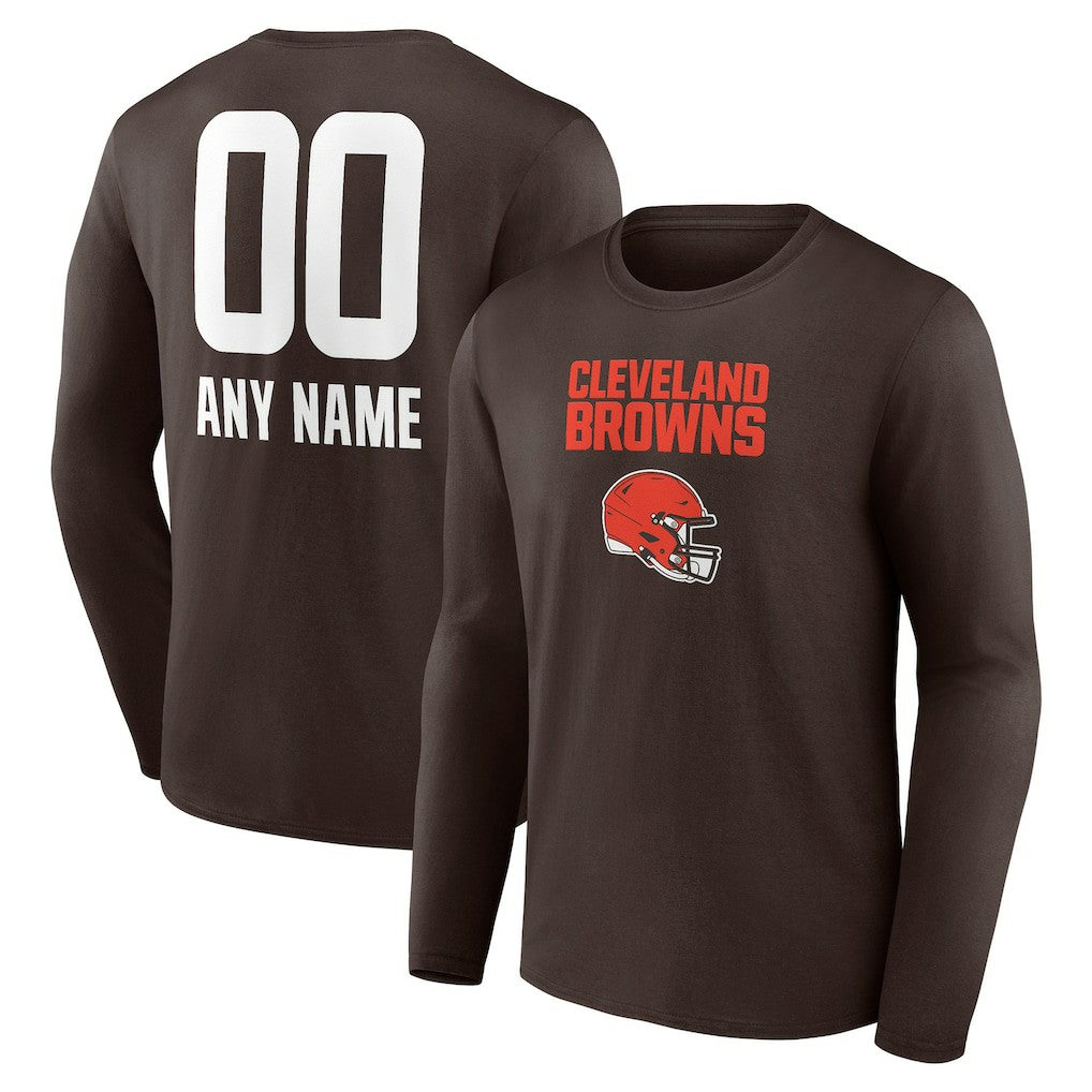 Cleveland Browns Personalized Name & Number Team Wordmark Long Sleeve T-Shirt Brown