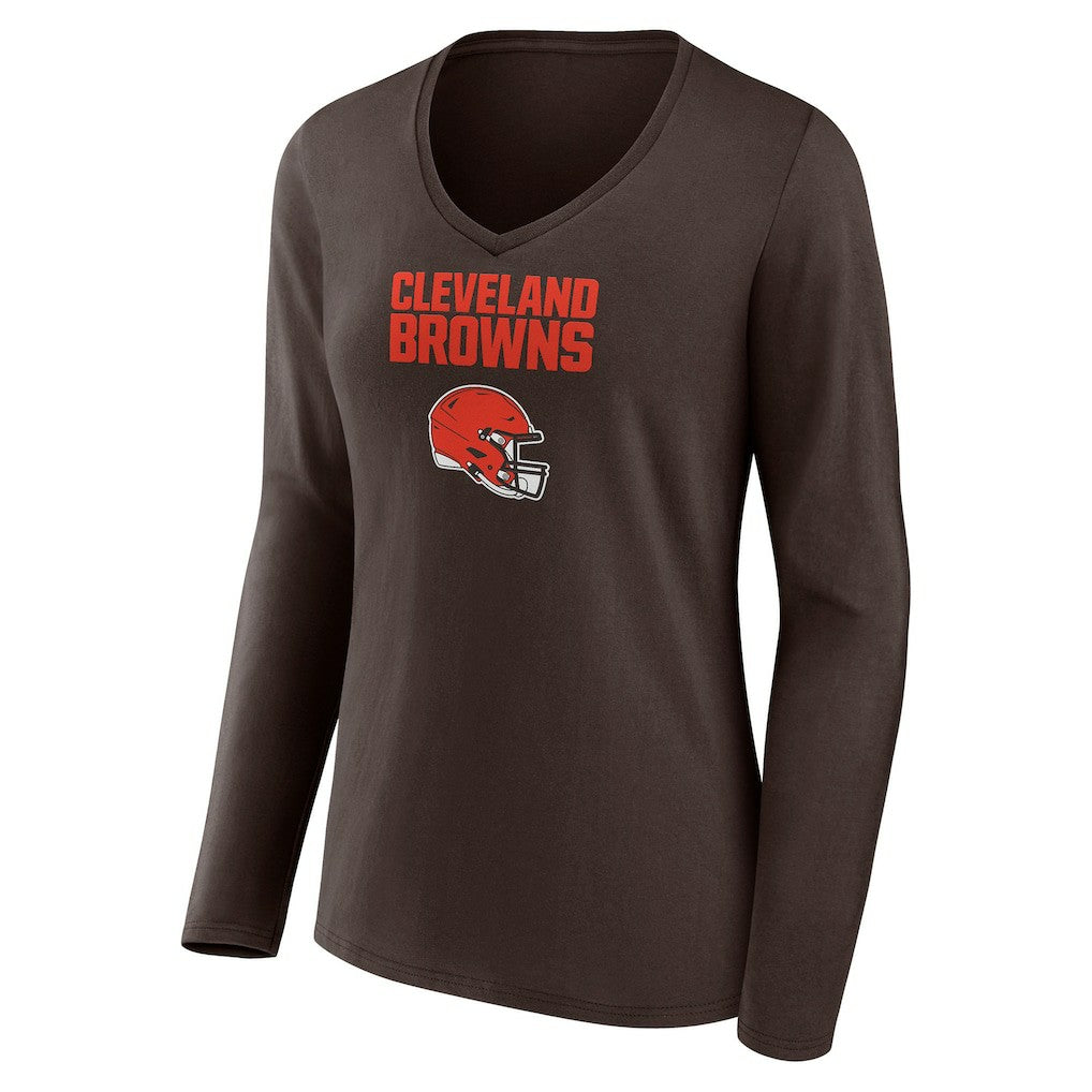 Cleveland Browns Women's Personalized Name & Number Team Wordmark Long Sleeve V-Neck T-Shirt Brown