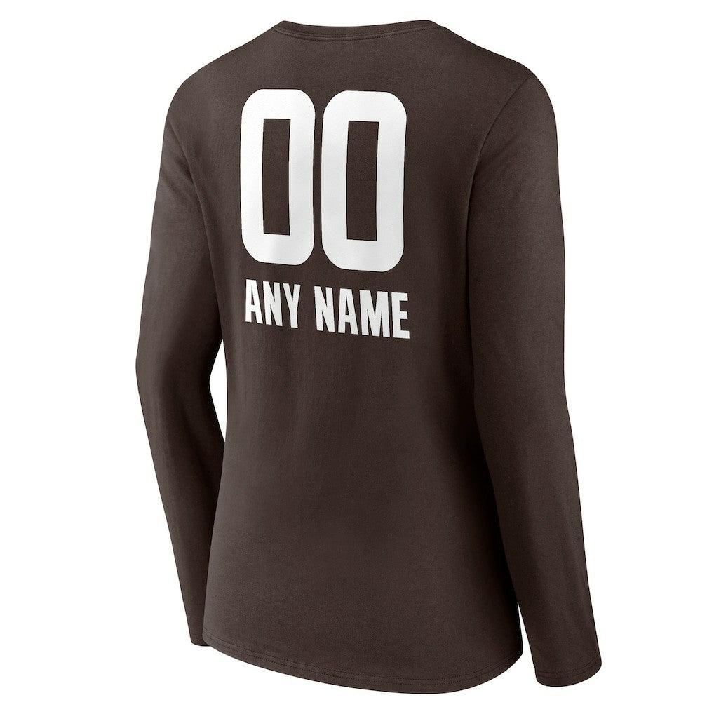 Cleveland Browns Women's Personalized Name & Number Team Wordmark Long Sleeve V-Neck T-Shirt Brown