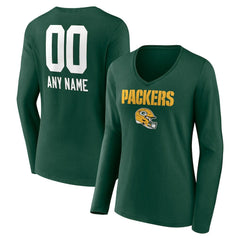 Green Bay Packers Women's Personalized Name & Number Team Wordmark Long Sleeve V-Neck T-Shirt Green