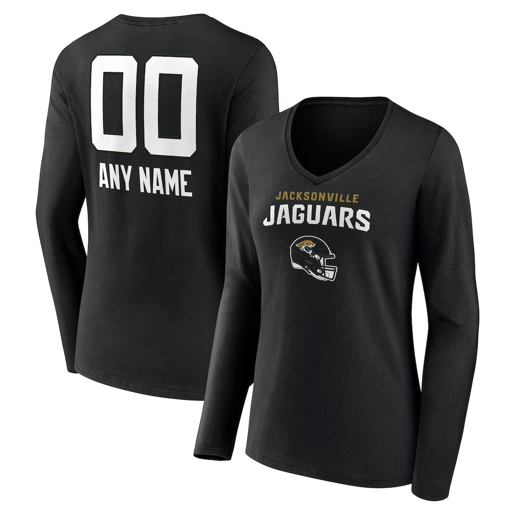 Jacksonville Jaguars Women's Personalized Name & Number Team Wordmark Long Sleeve V-Neck T-Shirt Black