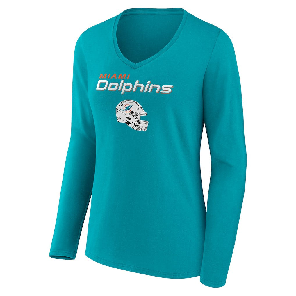 Miami Dolphins Women's Personalized Name & Number Team Wordmark Long Sleeve V-Neck T-Shirt Aqua