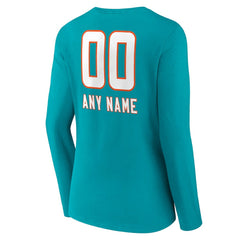 Miami Dolphins Women's Personalized Name & Number Team Wordmark Long Sleeve V-Neck T-Shirt Aqua