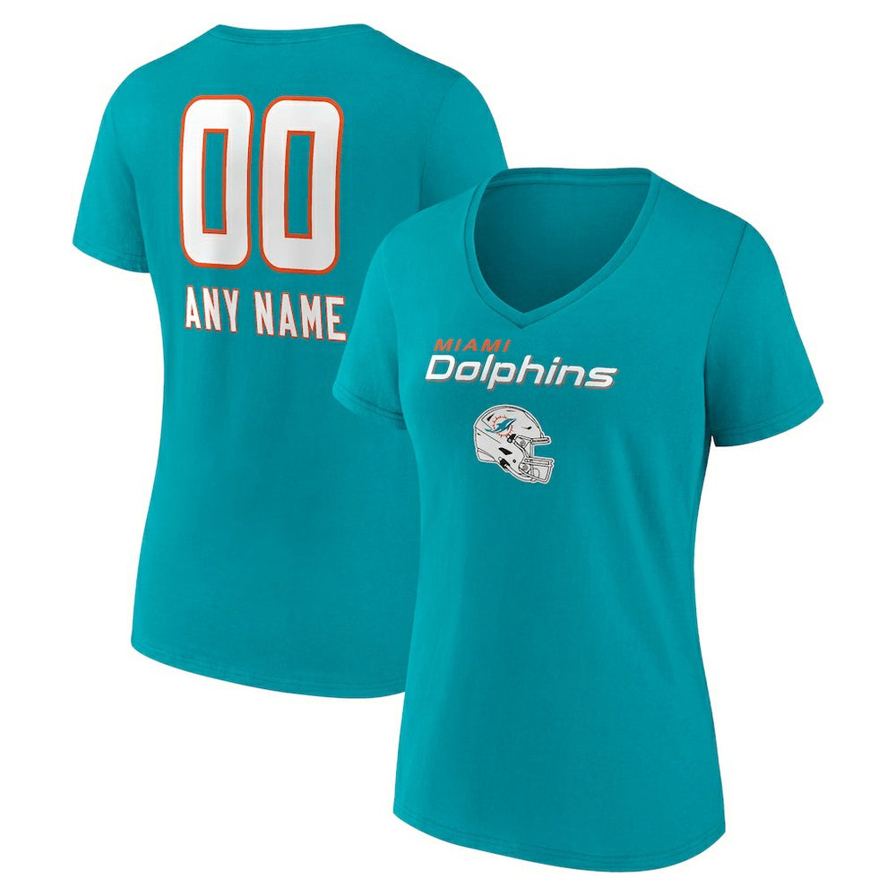 Miami Dolphins Women's Personalized Name & Number Team Wordmark V-Neck T-Shirt Aqua
