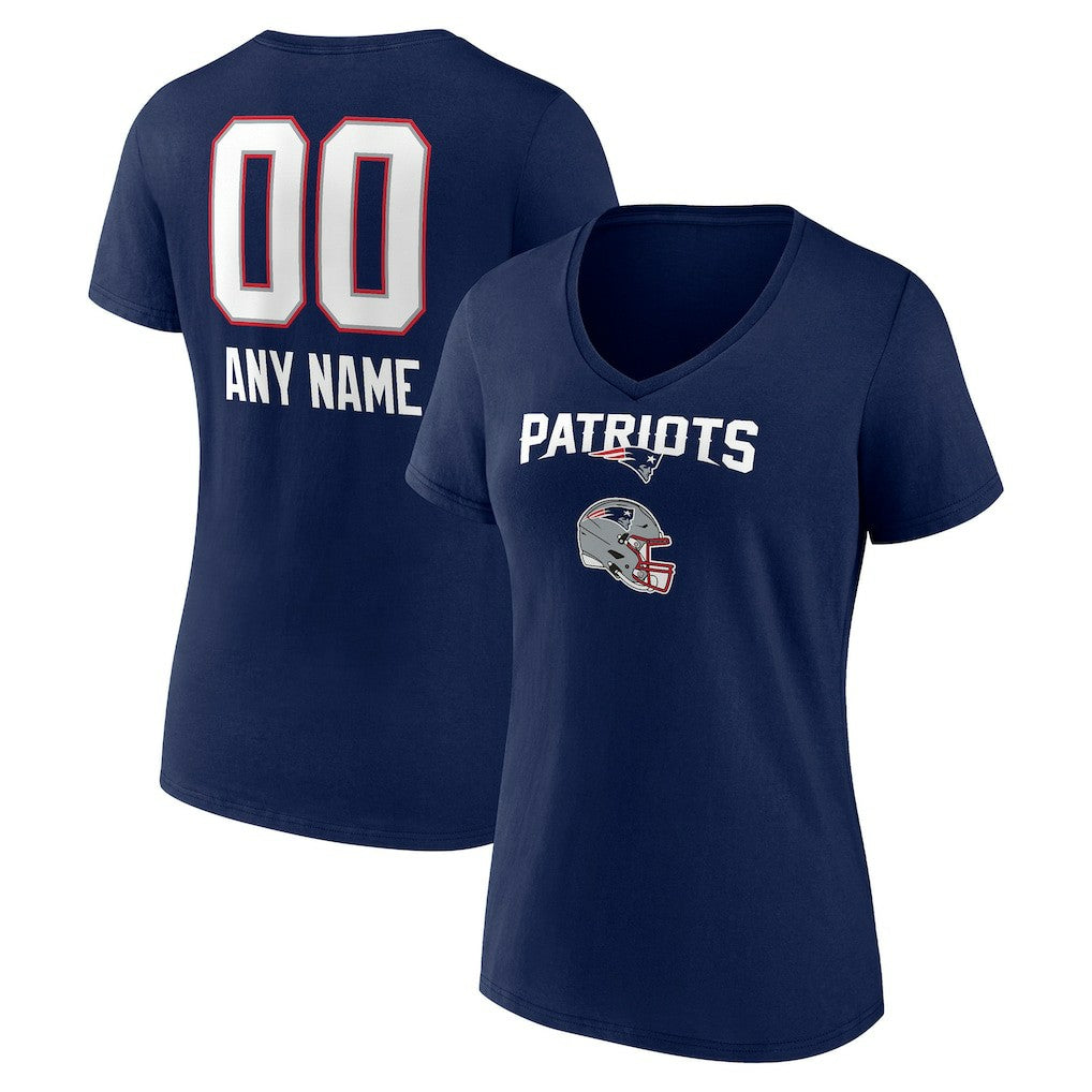 New England Patriots Women's Personalized Name & Number Team Wordmark V-Neck T-Shirt Navy