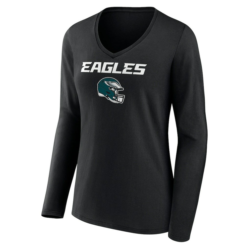 Philadelphia Eagles Women's Personalized Name & Number Team Wordmark Long Sleeve V-Neck T-Shirt Black