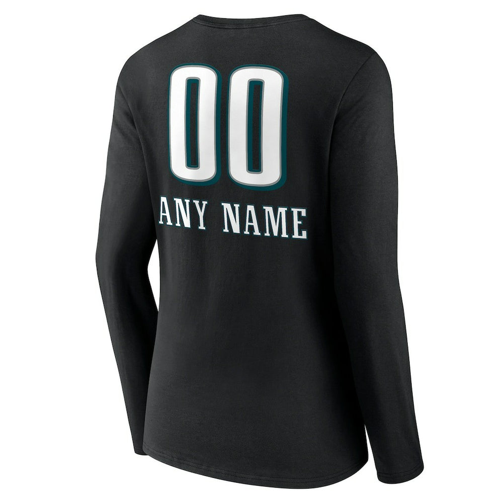 Philadelphia Eagles Women's Personalized Name & Number Team Wordmark Long Sleeve V-Neck T-Shirt Black