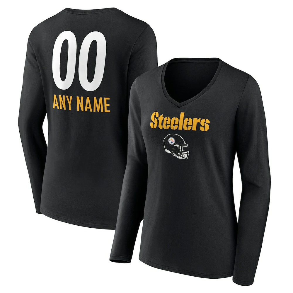 Pittsburgh Steelers Women's Personalized Name & Number Team Wordmark Long Sleeve V-Neck T-Shirt Black