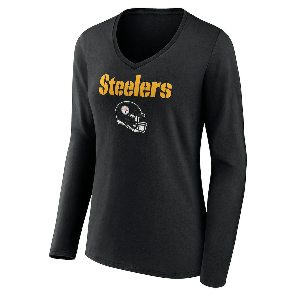 Pittsburgh Steelers Women's Personalized Name & Number Team Wordmark Long Sleeve V-Neck T-Shirt Black