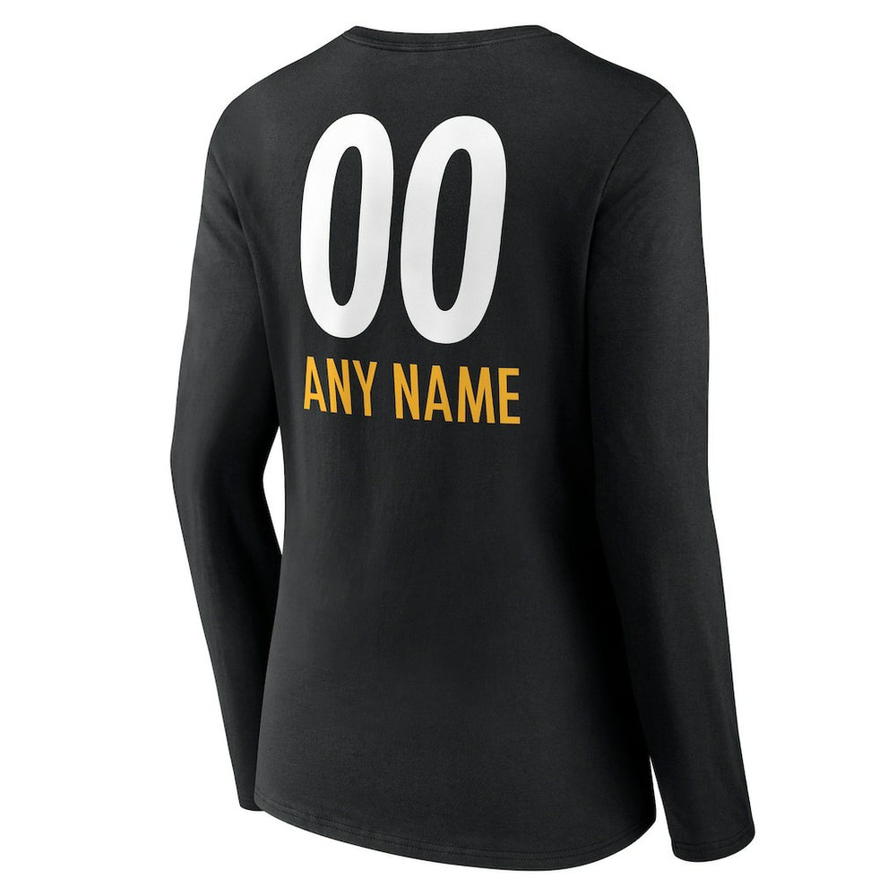 Pittsburgh Steelers Women's Personalized Name & Number Team Wordmark Long Sleeve V-Neck T-Shirt Black